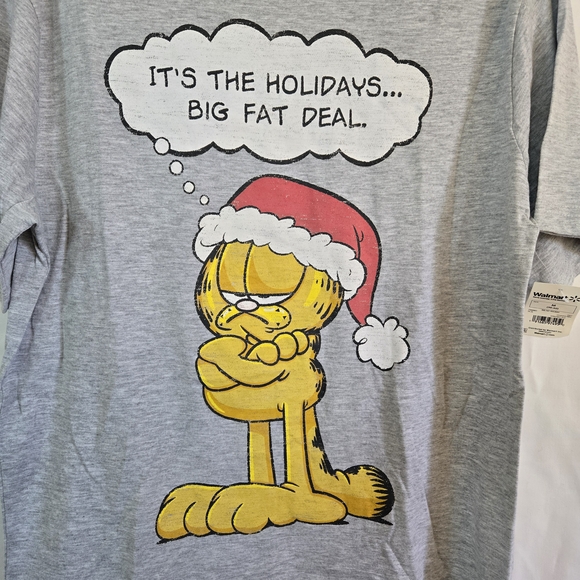 Garfield Mens Gray Short Sleeve Christmas Holiday Cartoon Graphic Tee Medium NEW - Picture 2 of 5